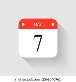 Vector icon page day calendar - 7 May. Pictogram template for anniversary, reminder, schedule, planning. Simple illustration reminder 7th day of month. Calendar on the wall for date, to-do list