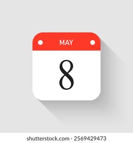 Vector icon page day calendar - 8 May. Pictogram template for anniversary, reminder, schedule, planning. Simple illustration reminder 8th day of month. Calendar on the wall for date, to-do list