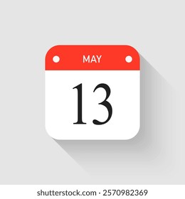 Vector icon page day calendar - 13 May. Pictogram template for anniversary, reminder, schedule, planning. Simple illustration reminder 13th day of month. Calendar on the wall for date, to-do list