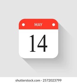 Vector icon page day calendar - 14 May. Pictogram template for anniversary, reminder, schedule, planning. Simple illustration reminder 14th day of month. Calendar on the wall for date, to-do list