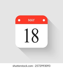 Vector icon page day calendar - 18 May. Pictogram template for anniversary, reminder, schedule, planning. Simple illustration reminder 18th day of month. Calendar on the wall for date, to-do list