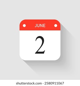 Vector icon page day calendar - 2 June. Pictogram template for anniversary, reminder, schedule, planning. Simple illustration reminder 2nd day of month. Calendar on the wall for date, to-do list