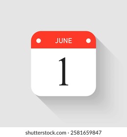 Vector icon page day calendar - 1 June. Pictogram template for anniversary, reminder, schedule, planning. Simple illustration reminder 1st day of month. Calendar on the wall for date, to-do list