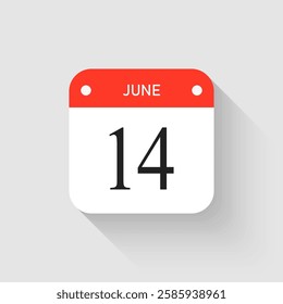 Vector icon page day calendar - 14 June. Pictogram template for anniversary, reminder, schedule, planning. Simple illustration reminder 14th day of month. Calendar on the wall for date, to-do list