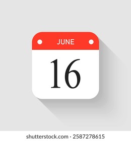 Vector icon page day calendar - 16 June. Pictogram template for anniversary, reminder, schedule, planning. Simple illustration reminder 16th day of month. Calendar on the wall for date, to-do list