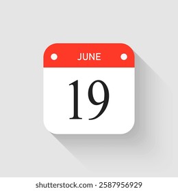 Vector icon page day calendar - 19 June. Pictogram template for anniversary, reminder, schedule, planning. Simple illustration reminder 19th day of month. Calendar on the wall for date, to-do list