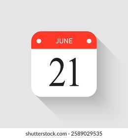 Vector icon page day calendar - 21 June. Pictogram template for anniversary, reminder, schedule, planning. Simple illustration reminder 21st day of month. Calendar on the wall for date, to-do list