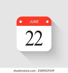 Vector icon page day calendar - 22 June. Pictogram template for anniversary, reminder, schedule, planning. Simple illustration reminder 22nd day of month. Calendar on the wall for date, to-do list