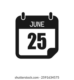 Vector icon page day calendar - 25 June. Pictogram template for anniversary, reminder, schedule, planning. Simple illustration reminder 25th day of month. Calendar on the wall for date, to-do list