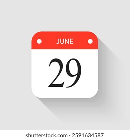 Vector icon page day calendar - 29 June. Pictogram template for anniversary, reminder, schedule, planning. Simple illustration reminder 29th day of month. Calendar on the wall for date, to-do list