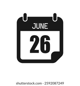 Vector icon page day calendar - 26 June. Pictogram template for anniversary, reminder, schedule, planning. Simple illustration reminder 26th day of month. Calendar on the wall for date, to-do list