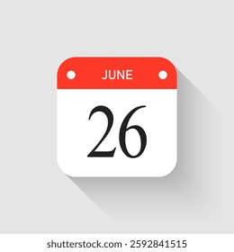 Vector icon page day calendar - 26 June. Pictogram template for anniversary, reminder, schedule, planning. Simple illustration reminder 26th day of month. Calendar on the wall for date, to-do list