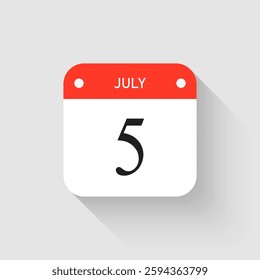 Vector icon page day calendar - 5 July. Pictogram template for anniversary, reminder, schedule, planning. Simple illustration reminder 5th day of month. Calendar on the wall for date, to-do list