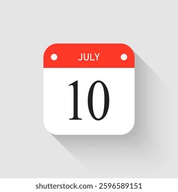 Vector icon page day calendar - 10 July. Pictogram template for anniversary, reminder, schedule, planning. Simple illustration reminder 10th day of month. Calendar on the wall for date, to-do list