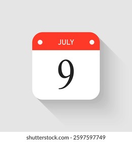 Vector icon page day calendar - 9 July. Pictogram template for anniversary, reminder, schedule, planning. Simple illustration reminder 9th day of month. Calendar on the wall for date, to-do list