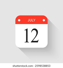 Vector icon page day calendar - 12 July. Pictogram template for anniversary, reminder, schedule, planning. Simple illustration reminder 12th day of month. Calendar on the wall for date, to-do list
