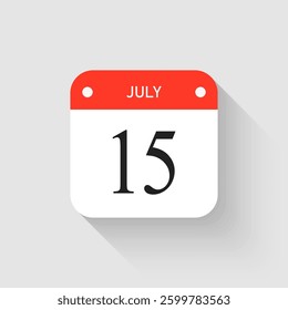 Vector icon page day calendar - 15 July. Pictogram template for anniversary, reminder, schedule, planning. Simple illustration reminder 15th day of month. Calendar on the wall for date, to-do list