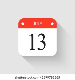 Vector icon page day calendar - 13 July. Pictogram template for anniversary, reminder, schedule, planning. Simple illustration reminder 13th day of month. Calendar on the wall for date, to-do list