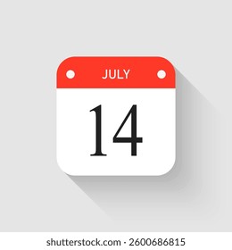 Vector icon page day calendar - 14 July. Pictogram template for anniversary, reminder, schedule, planning. Simple illustration reminder 14th day of month. Calendar on the wall for date, to-do list