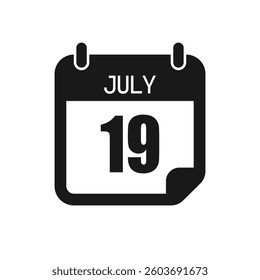 Vector icon page day calendar - 19 July. Pictogram template for anniversary, reminder, schedule, planning. Simple illustration reminder 19th day of month. Calendar on the wall for date, to-do list