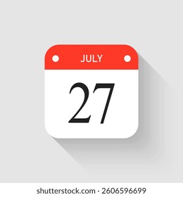Vector icon page day calendar - 27 July. Pictogram template for anniversary, reminder, schedule, planning. Simple illustration reminder 27th day of month. Calendar on the wall for date, to-do list