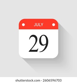Vector icon page day calendar - 29 July. Pictogram template for anniversary, reminder, schedule, planning. Simple illustration reminder 29th day of month. Calendar on the wall for date, to-do list