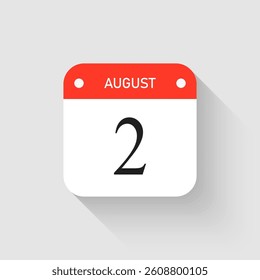 Vector icon page day calendar - 2 August. Pictogram template for anniversary, reminder, schedule, planning. Simple illustration reminder 2nd day of month. Calendar on the wall for date, to-do list