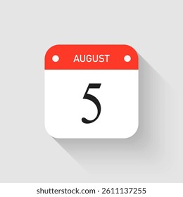 Vector icon page day calendar - 5 August. Pictogram template for anniversary, reminder, schedule, planning. Simple illustration reminder 5th day of month. Calendar on the wall for date, to-do list