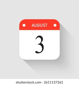 Vector icon page day calendar - 3 August. Pictogram template for anniversary, reminder, schedule, planning. Simple illustration reminder 3rd day of month. Calendar on the wall for date, to-do list