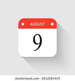 Vector icon page day calendar - 9 August. Pictogram template for anniversary, reminder, schedule, planning. Simple illustration reminder 9th day of month. Calendar on the wall for date, to-do list