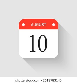 Vector icon page day calendar - 10 August. Pictogram template for anniversary, reminder, schedule, planning. Simple illustration reminder 10th day of month. Calendar on the wall for date, to-do list
