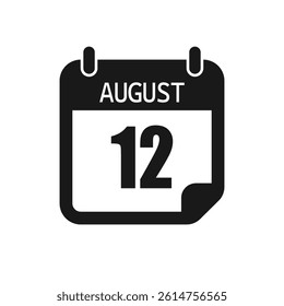 Vector icon page day calendar - 12 August. Pictogram template for anniversary, reminder, schedule, planning. Simple illustration reminder 12th day of month. Calendar on the wall for date, to-do list