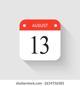 Vector icon page day calendar - 13 August. Pictogram template for anniversary, reminder, schedule, planning. Simple illustration reminder 13th day of month. Calendar on the wall for date, to-do list