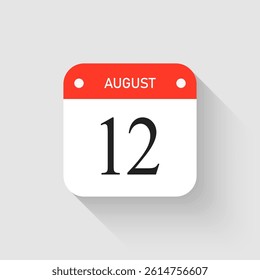 Vector icon page day calendar - 12 August. Pictogram template for anniversary, reminder, schedule, planning. Simple illustration reminder 12th day of month. Calendar on the wall for date, to-do list
