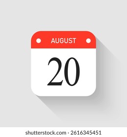 Vector icon page day calendar - 20 August. Pictogram template for anniversary, reminder, schedule, planning. Simple illustration reminder 20th day of month. Calendar on the wall for date, to-do list