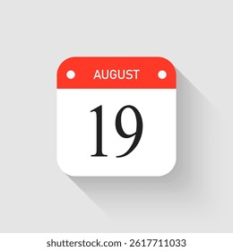 Vector icon page day calendar - 19 August. Pictogram template for anniversary, reminder, schedule, planning. Simple illustration reminder 19th day of month. Calendar on the wall for date, to-do list