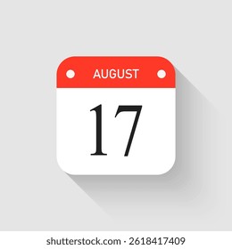 Vector icon page day calendar - 17 August. Pictogram template for anniversary, reminder, schedule, planning. Simple illustration reminder 17th day of month. Calendar on the wall for date, to-do list
