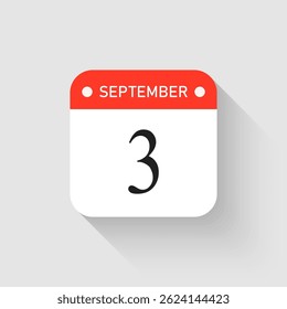 Calendário de dias da página do ícone do vetor - 3 de setembro. Modelo de pictograma para aniversário, lembrete, programação, planejamento. Lembrete de ilustração simples 3º dia do mês. Calendário no mural para data, lista de tarefas