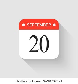 Vector icon page day calendar - 20 September. Pictogram template for anniversary, reminder, schedule, planning. Simple illustration reminder 20th day of month. Calendar on the wall for date to-do list