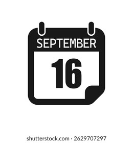 Vector icon page day calendar - 16 September. Pictogram template for anniversary, reminder, schedule planning. Simple illustration reminder 16th day of month. Calendar on the wall for date, to-do list