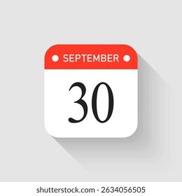 Vector icon page day calendar - 30 September. Pictogram template for anniversary, reminder, schedule, planning. Simple illustration reminder 30th day of month. Calendar on the wall for date to-do list
