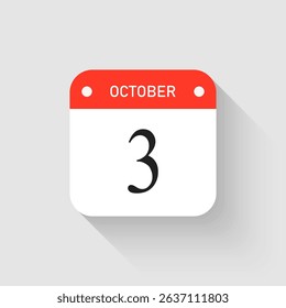 Vector icon page day calendar - 3 October. Pictogram template for anniversary, reminder, schedule, planning. Simple illustration reminder 3rd day of month. Calendar on the wall for date, to-do list