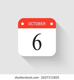 Vector icon page day calendar - 6 October. Pictogram template for anniversary, reminder, schedule, planning. Simple illustration reminder 6th day of month. Calendar on the wall for date, to-do list