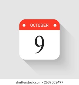 Vector icon page day calendar - 9 October. Pictogram template for anniversary, reminder, schedule, planning. Simple illustration reminder 9th day of month. Calendar on the wall for date, to-do list