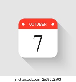 Vector icon page day calendar - 7 October. Pictogram template for anniversary, reminder, schedule, planning. Simple illustration reminder 7th day of month. Calendar on the wall for date, to-do list