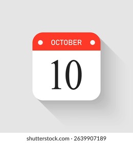 Vector icon page day calendar - 10 October. Pictogram template for anniversary, reminder, schedule, planning. Simple illustration reminder 10th day of month. Calendar on the wall for date, to-do list