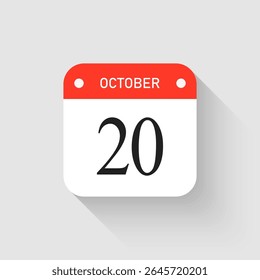 Vector icon page day calendar - 20 October. Pictogram template for anniversary, reminder, schedule, planning. Simple illustration reminder 20th day of month. Calendar on the wall for date, to-do list