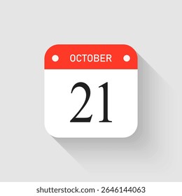 Calendário do dia da página do ícone do vetor - 21 de outubro. Modelo de pictograma para aniversário, lembrete, programação, planejamento. Lembrete de ilustração simples 21º dia do mês. Calendário no mural para data, lista de tarefas