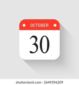 Vector icon page day calendar - 30 October. Pictogram template for anniversary, reminder, schedule, planning. Simple illustration reminder 30th day of month. Calendar on the wall for date, to-do list