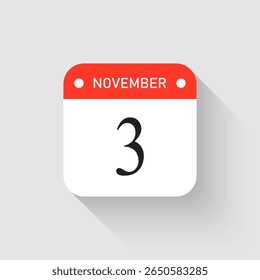 Vector icon page day calendar - 3 November. Pictogram template for anniversary, reminder, schedule, planning. Simple illustration reminder 3rd day of month. Calendar on the wall for date, to-do list